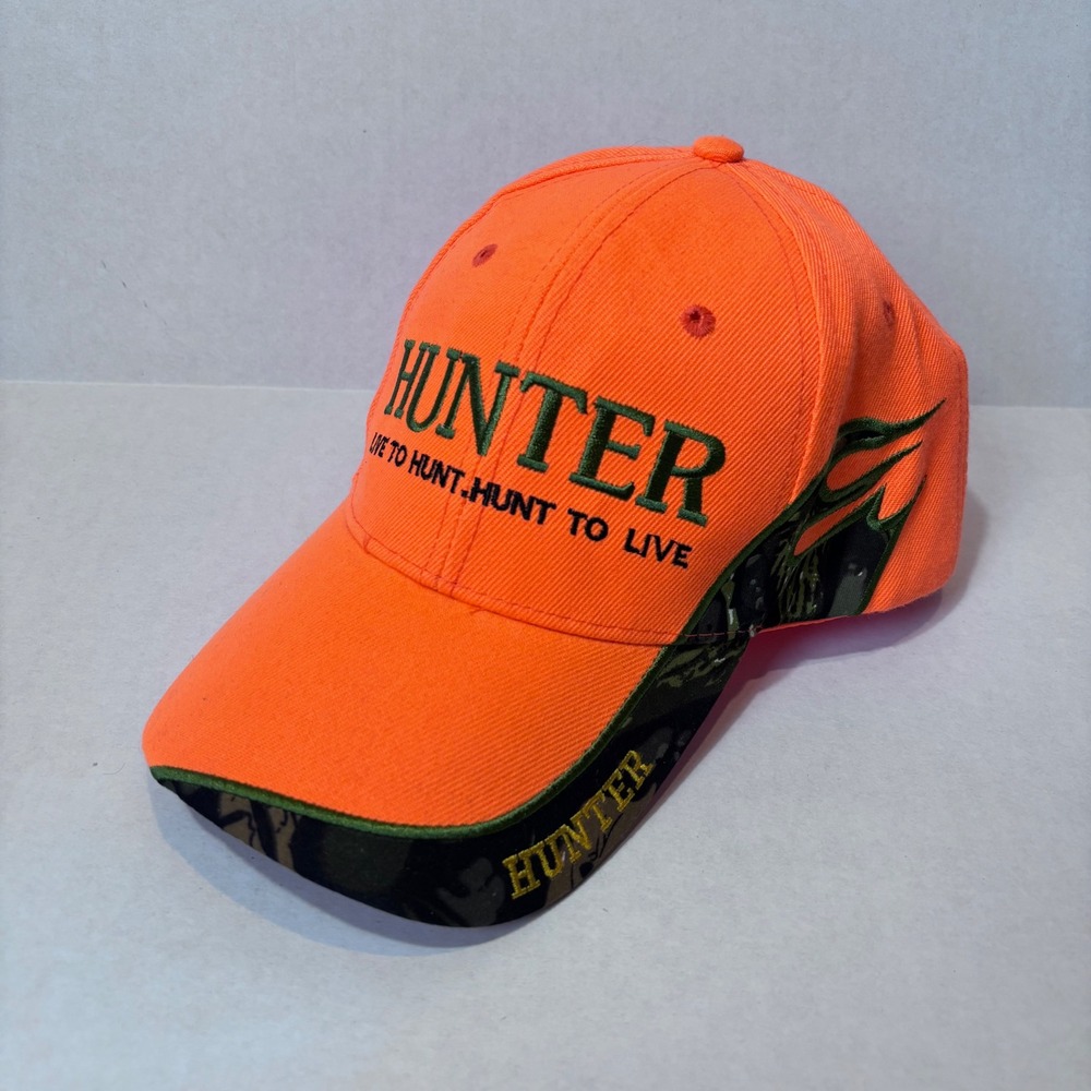 Hunter Blaze Orange Camo Bill Hat One Size Live to Hunt Embroidered Cap